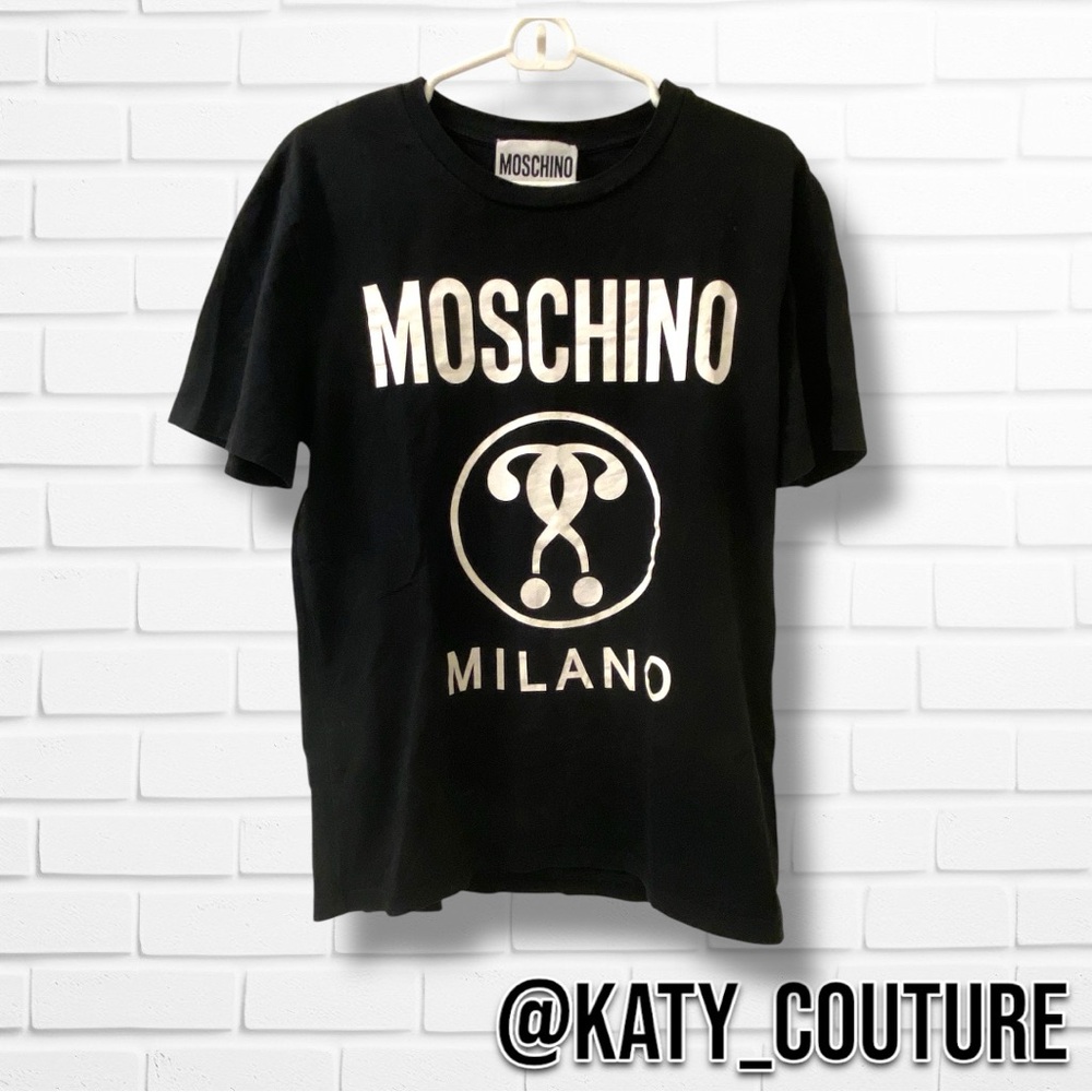 MOSCHINO COUTURE DOUBLE QUESTION MARK JERSEY T-SHIRT IN BLACK, MENS SIZE S, EUC.